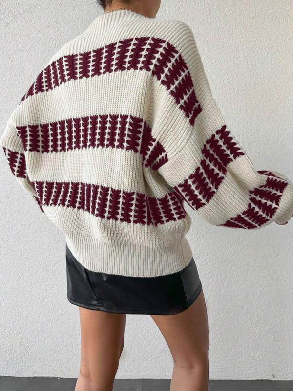 Women's Colorblock Striped Drop Shoulder Sweater, Casual Long Sleeve Round Neck Jumper for Fall & Winter, Pullover Sweaters for Women, Fashion Ladies' Knitwear for Daily Wear, Fall Clothing