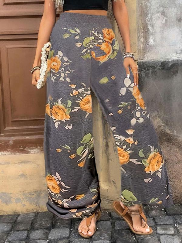  Floral Print High Waist Wide Leg Pants, Casual Comfy Trousers for Women, Women's Bottoms for Fall & Winter