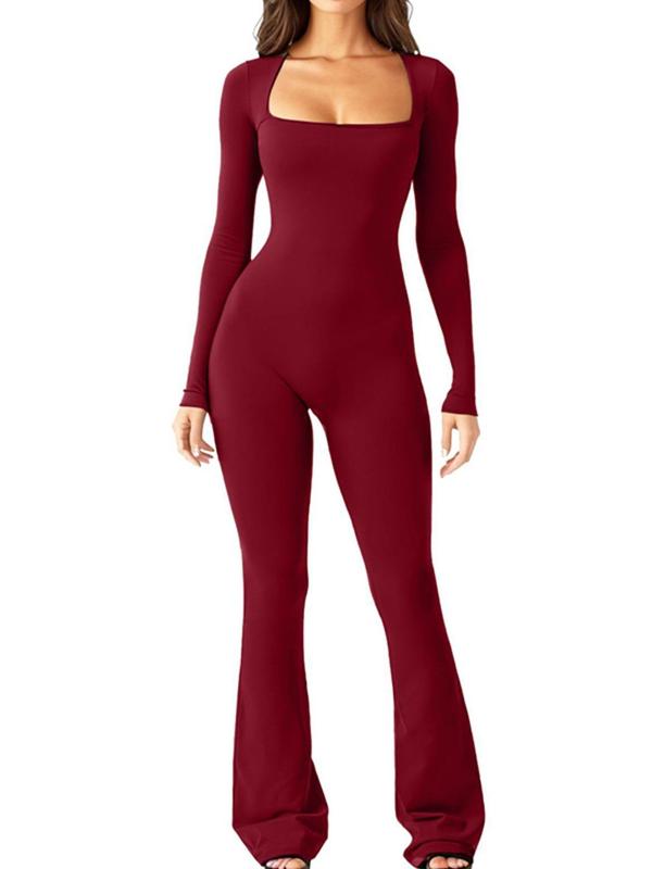 Women's Solid Long Sleeve Square Neck Flare Leg Jumpsuit, Casual Comfy Bodycon Jumpsuit for Spring & Fall, Ladies Clothes for Daily Wear, Long Sleeve Bodysuit