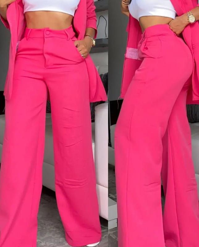 Women's elegant solid color split sleeve lapel suit pocket straight pants suit lapel blazer Women's Lapel