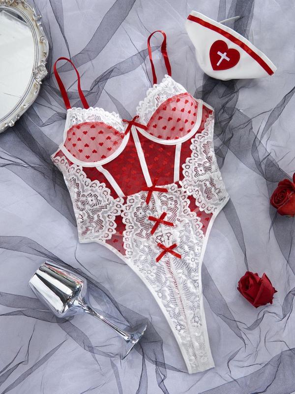 Women's Heart Embroidery Bowknot Decor Sexy Lingerie Set, Contrast Mesh Cami Bodysuit & Nurse Hat Nurse Cosplay Costume Set, Ladies Sexy Wear