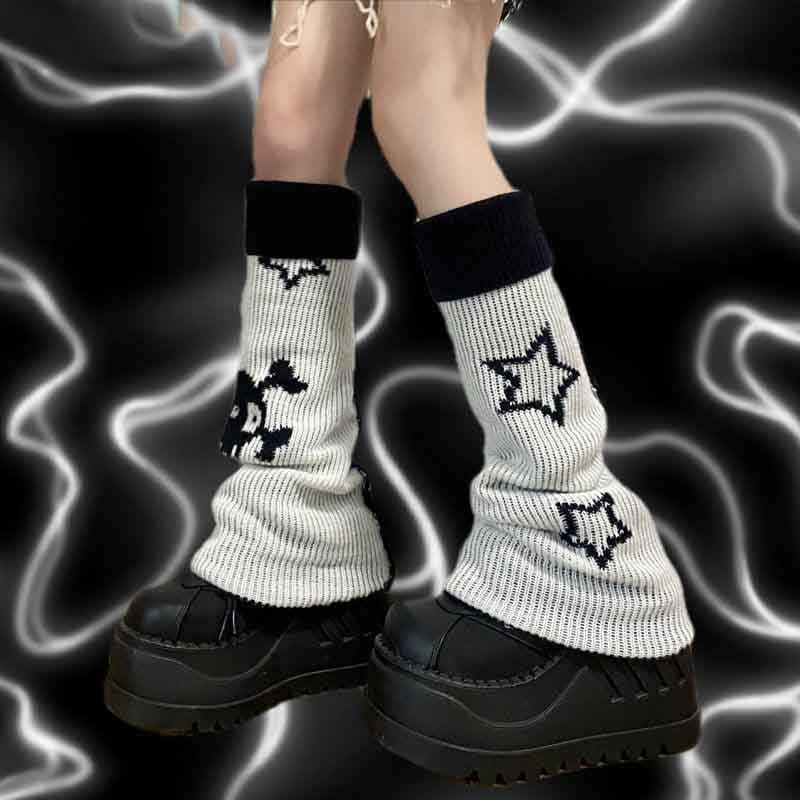 Gothic  Print Two Side Wear Knitted Leg Warmers Socks Y2k Star Punk Girls   Streetwear Leg Cover