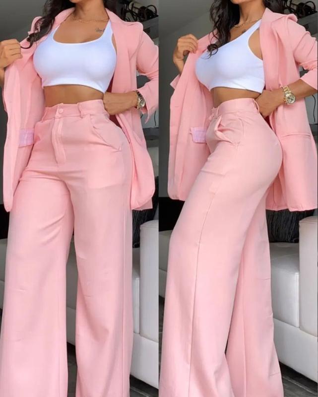 Women's elegant solid color split sleeve lapel suit pocket straight pants suit lapel blazer Women's Lapel