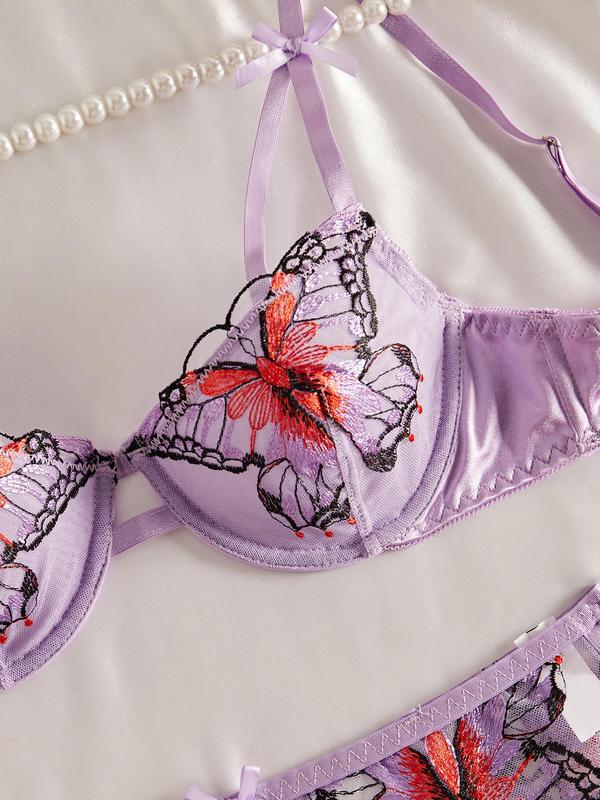 Women's Butterfly Embroidery Sheer Bra & Thong & Garter Belt Three-piece Set, Sexy Adjustable Strap Push Up Bra & Panty & Garter Belt Set, Lingerie Set for Women