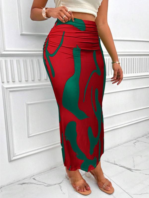 Women's All Over Print High Waist Skirt, Casual Fashion Ruched Long Skirt for Summer, Ladies Bottoms for Beach Holiday