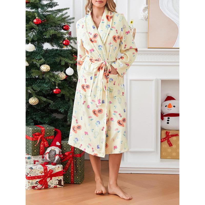 Women's Soft Summer Dressing Gown Floral Fruit Print Plush Shawl Collar Bathrobe Warm Lounge Robe with Belt Cotton Light