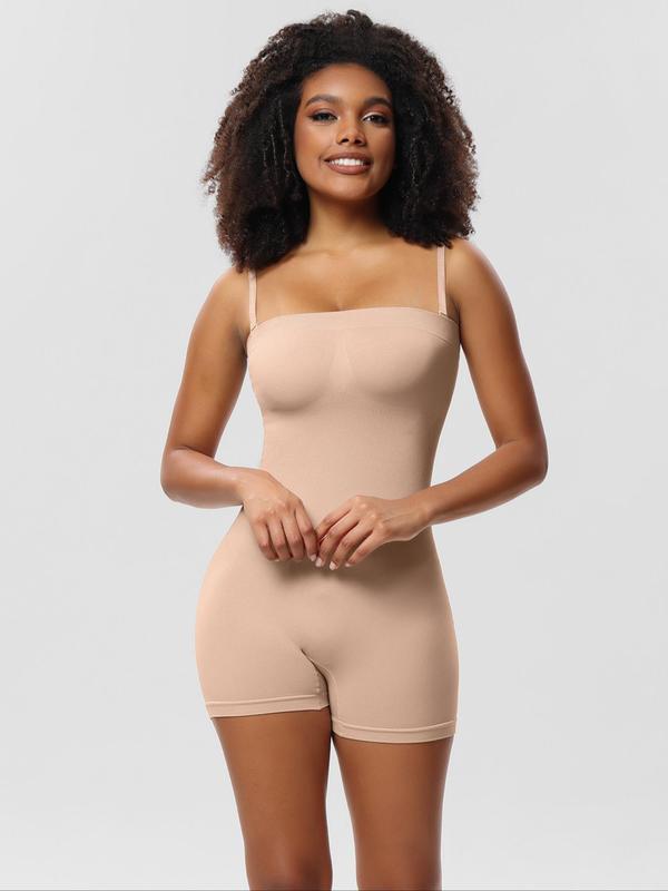 Women's Plain Off Shoulder Shapewear Romper with Adjustable Shoulder Straps, Comfort Casual Solid Color Seamless Tummy Control Tube Shaper Bodysuit for All Seasons, Bodysuit, Women's Shapewear for Daily, Fall Wear, Fallfreshness Clothes