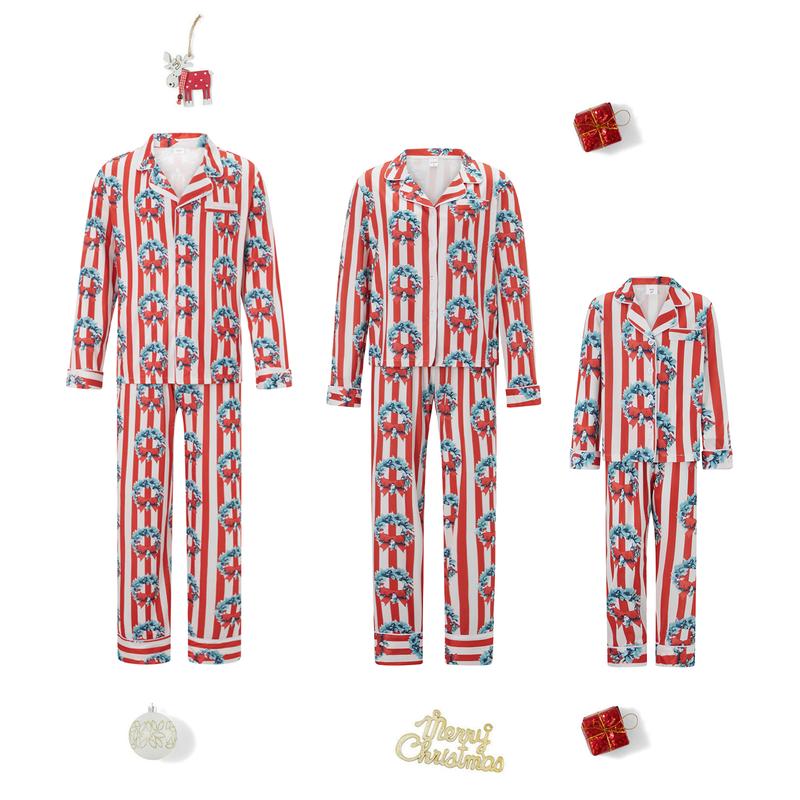 Red Matching Christmas Pajamas For Family, Striped Bow Wreath Print Long Sleeve Button Down Tops Elastic Waist Pants