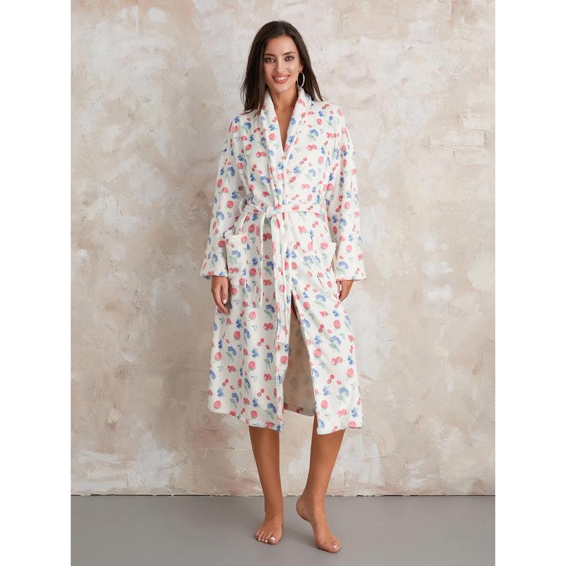 Women's Soft Summer Dressing Gown Floral Fruit Print Plush Shawl Collar Bathrobe Warm Lounge Robe with Belt Cotton Light