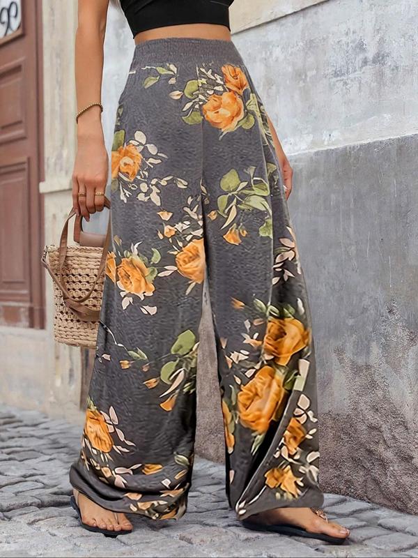  Floral Print High Waist Wide Leg Pants, Casual Comfy Trousers for Women, Women's Bottoms for Fall & Winter