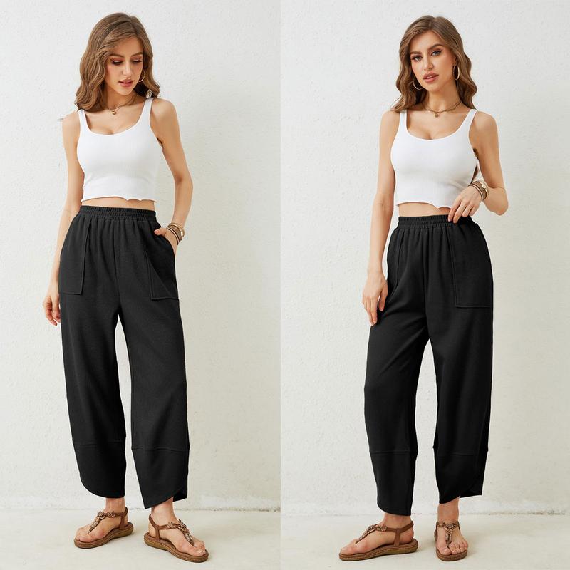 Tanming Womens Cotton Wide Leg Pants Elastic Waisted Baggy Loose Beach Palazzo Harem Pants with Pockets