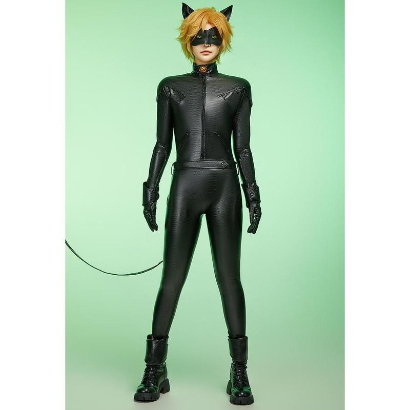 Miraculous Cat Noir Elastic Leather Jumpsuit Halloween Cosplay Costume Set Unisex Adult