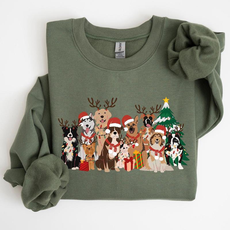 Christmas Dogs, Antlers, Reindeer, Santa, Dog Lover Sweatshirt, Crew Neck, Women's, Crewneck