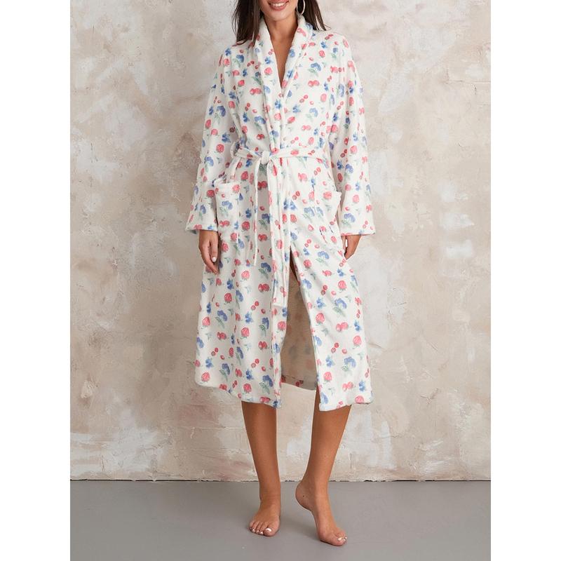 Women's Soft Summer Dressing Gown Floral Fruit Print Plush Shawl Collar Bathrobe Warm Lounge Robe with Belt Cotton Light