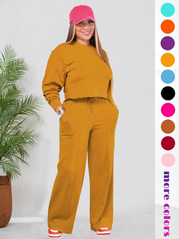 Women's Solid Drop Shoulder Long Sleeve Crop Top & Pocket Drawstring Waist Pants Set, Lady Mufti Clothes, Comfort Cozy Basic Two Piece Outfits for Daily, Back To School Outfits, Downtown Girl Clothes, Fall Outfits