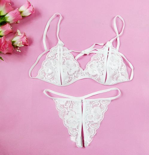 Women's Lingerie Women's Bow Decoration Transparent Floral Lace Lingerie Set Elegant Strap Bra and Crotchless Thong Lingerie