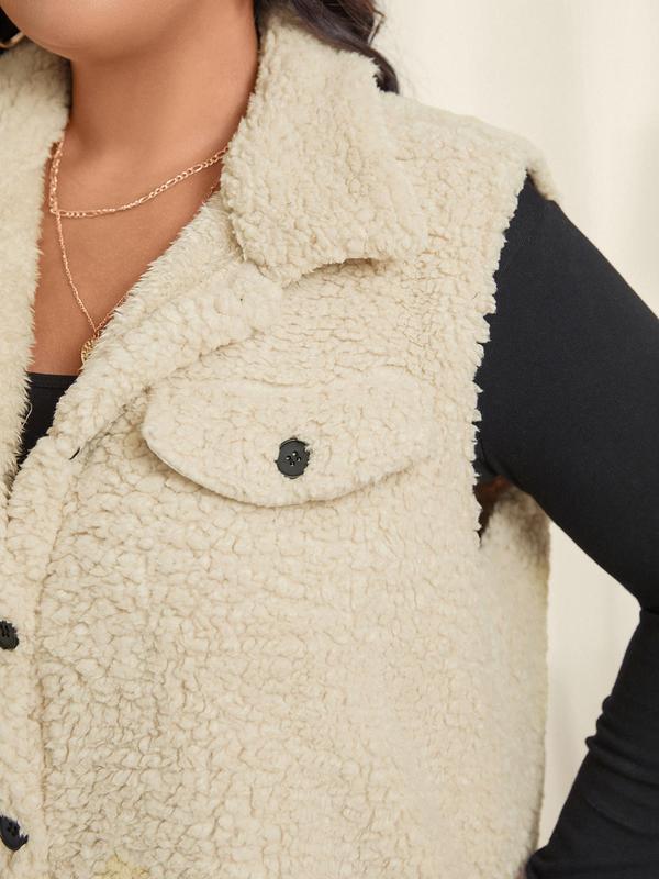 CURVZY Plus Size Solid Color Button Front Pocket Long Vest Jacket, Casual Sleeveless Collared Fuzzy Outerwear for Fall & Winter, Women's Clothes for Daily Wear