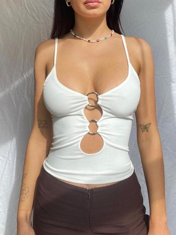 Women's Plain Cut Out O-ring Crop Cami Top, Streetwear 2000s Y2K Solid Adjustable Spaghetti Strap Backless Top for Nightclub Music Festival, Ladies Clothes for Summer