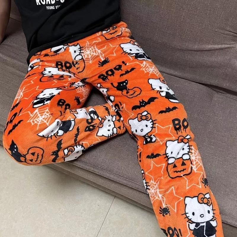 Fashion women PajamasTrousers Kawaii Woolen Anime Cartoon Casual Home Pants Winter Clothing Cat Pajamas Christmas Flannel