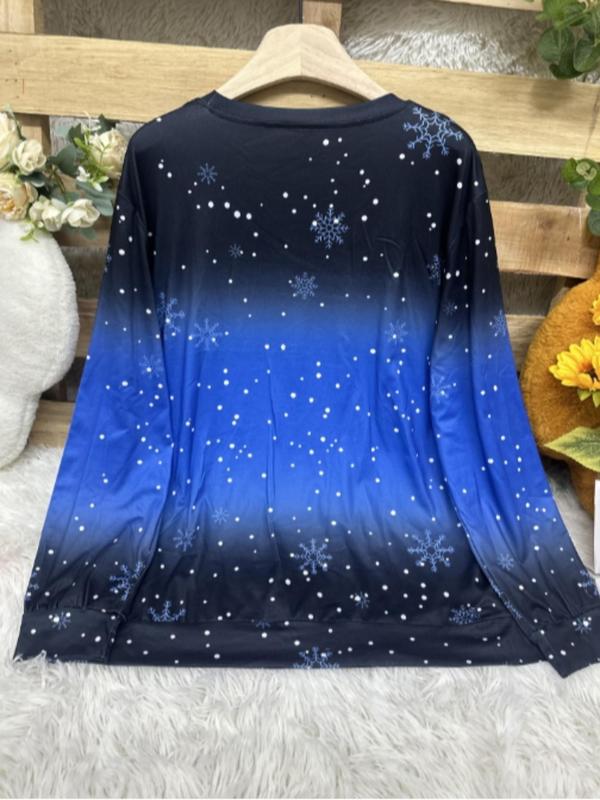  Cartoon Gnome Print Drop Shoulder T-shirt, Casual Long Sleeve Round Neck Top for Daily Wear, Women's Clothing for Fall & Winter