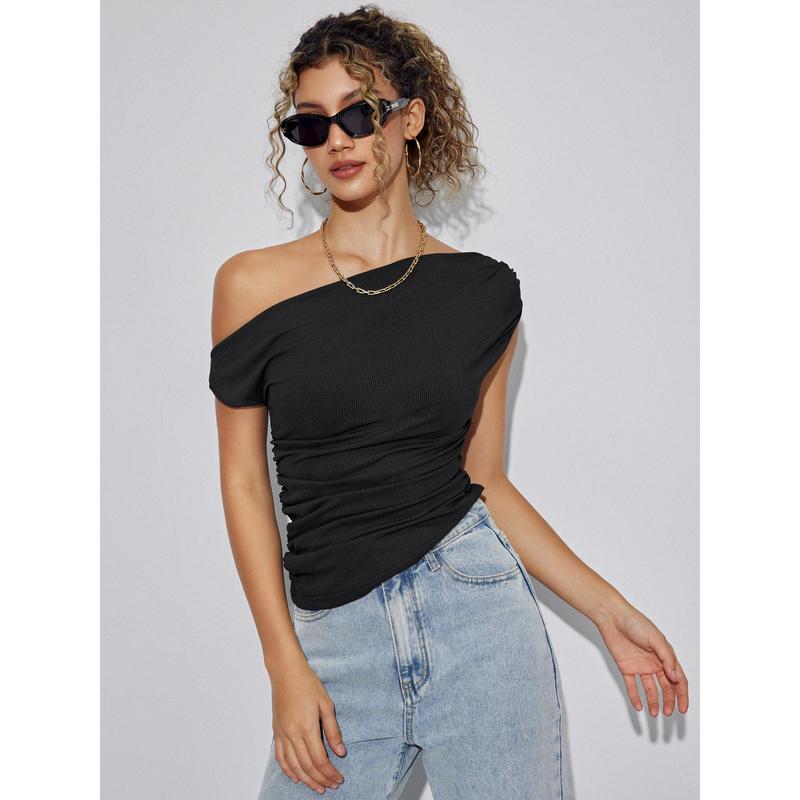 Cider [4 colors, size 0-26] Asymmetrical Neck Ruched Crop Top