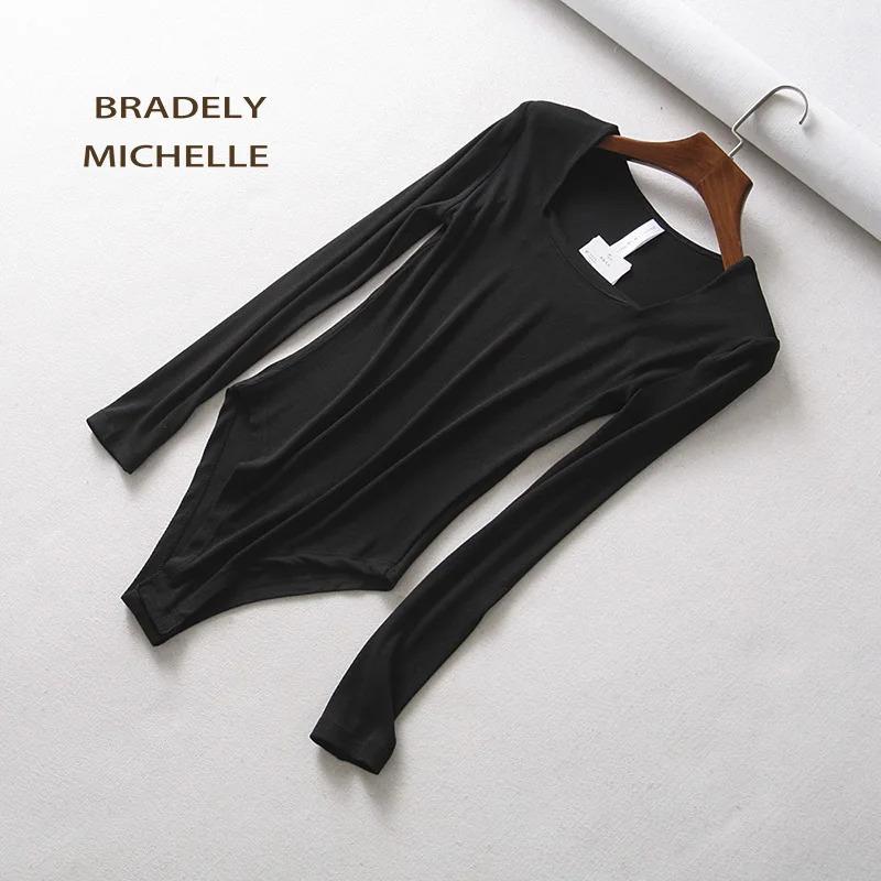 BRADELY MICHELLE Sexy Women Autumn Slim Long Sleeve Square Neck Knitted Tops Bodycon Bodysuits with Hidden Button