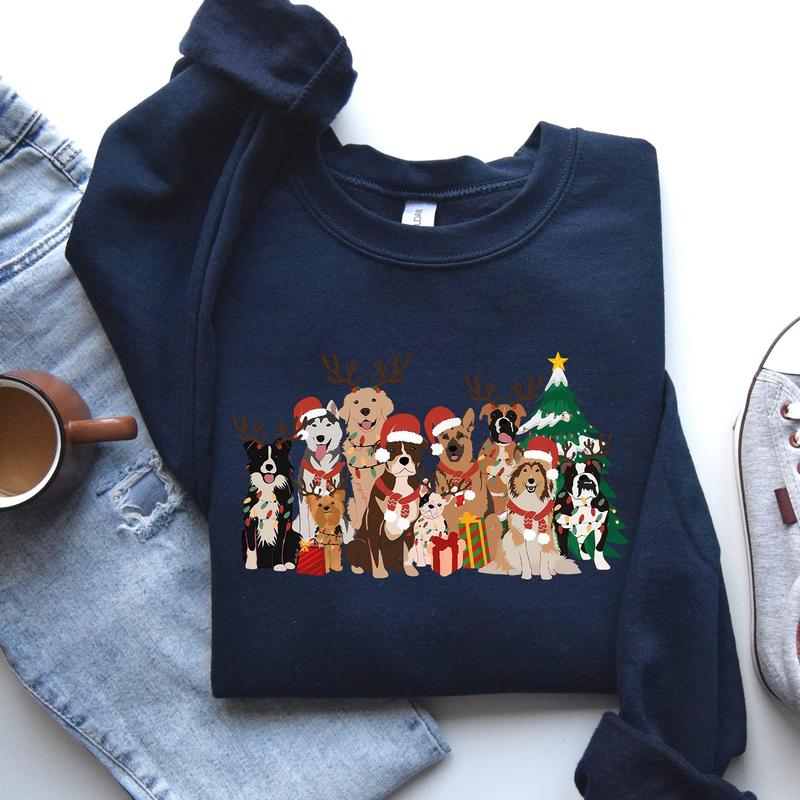 Christmas Dogs, Antlers, Reindeer, Santa, Dog Lover Sweatshirt, Crew Neck, Women's, Crewneck