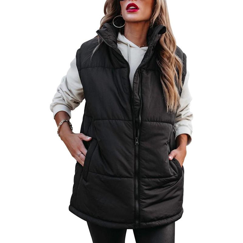 Fisoew Womens Sleeveless Puffer Vest Winter Zip Up Stand Collar Padded Coat Outerwear Vests with Pockets