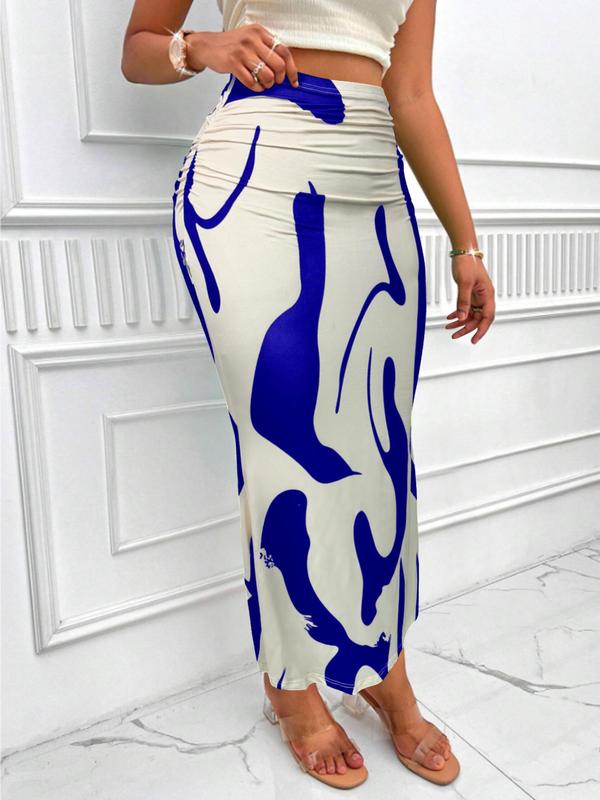 Women's All Over Print High Waist Skirt, Casual Fashion Ruched Long Skirt for Summer, Ladies Bottoms for Beach Holiday