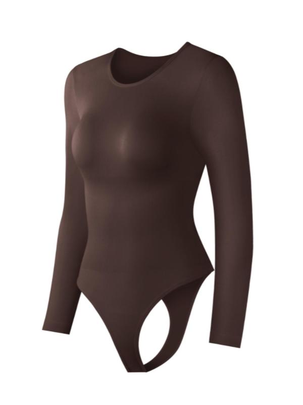 Women's Solid Color Round Neck Long Sleeve Shapewear Bodysuit, Tummy Control Butt Lifting Button Closure Crotch Shaper, Body Shapewear, Ladies Shapewear for All Seasons, Fall Wear, Fallfreshness Clothes Shaper Clothes