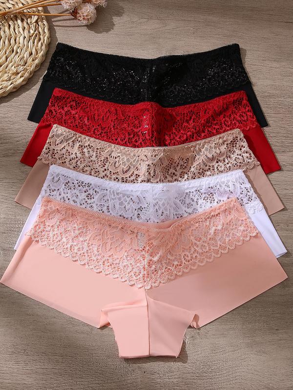 Women's 5pcs Contrast Lace Hollow Out Knicker, Soft Comfy Breathable Drop Waist Panty, Ladies Underwear for All Seasons