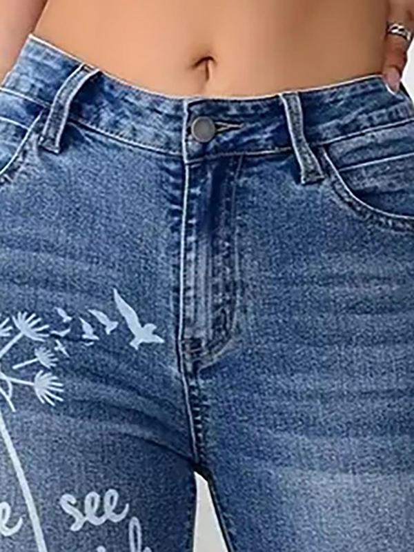 Dandelion & Letter Print Ripped Skinny Jeans for Women, Fall Outfits, Fashion Casual Pocket Button Fly Denim Pants for Daily Outdoor Wear, Pants for Women, Latina Jeans, Ladies Bottoms for Fall