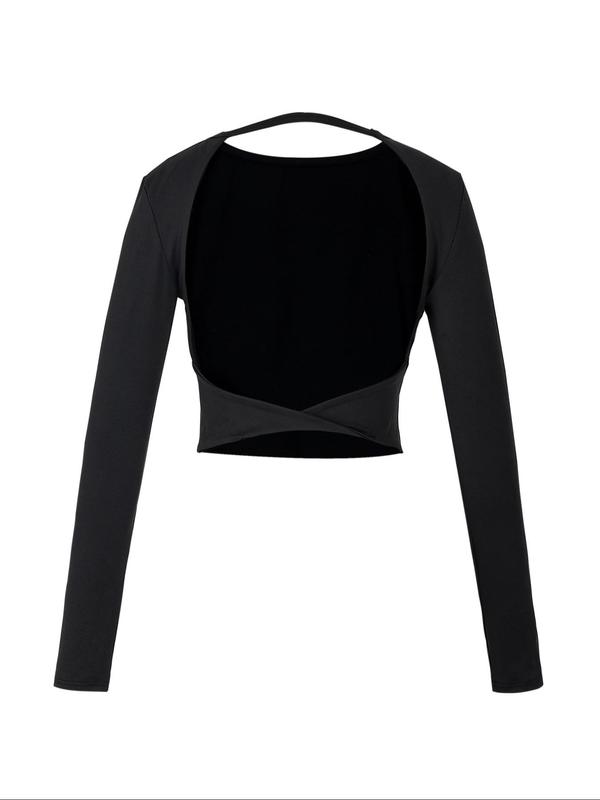 Women's Solid Backless Ribbed Top, Casual Long Sleeve Round Neck Top for Spring & Fall, Women's Clothing for Daily Wear