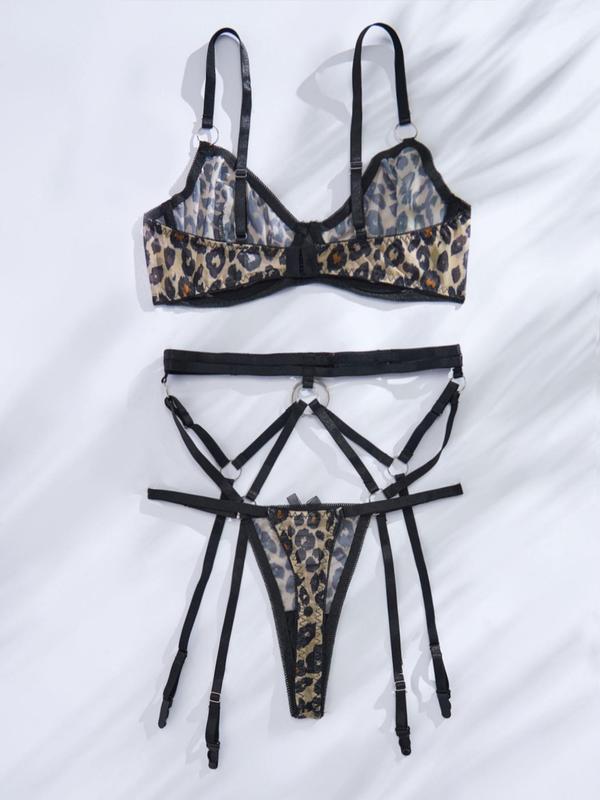 Women's Leopard Print Bow Decor Sheer Bra & Thong Sexy Teddy Lingerie Set, Sexy Adjustable Strap Ring Linked Bra & Panty Set, Soft Comfy Breathable Lingerie Set for Women