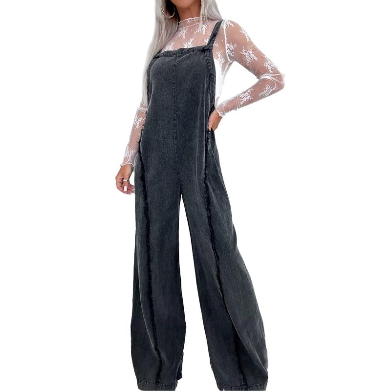 Women Denim Overalls Loose Vintage Washed Raw Trim Square Neck Open Back Sleeveless Wide Leg Jumpsuit