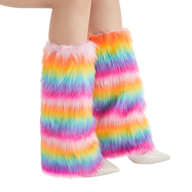 Women's Faux Fur Leg Warmers Rainbow Fuzzy Boot Covers Cuff Colorful Leg Warmers 2024 Fashion Halloween Costume Accessory