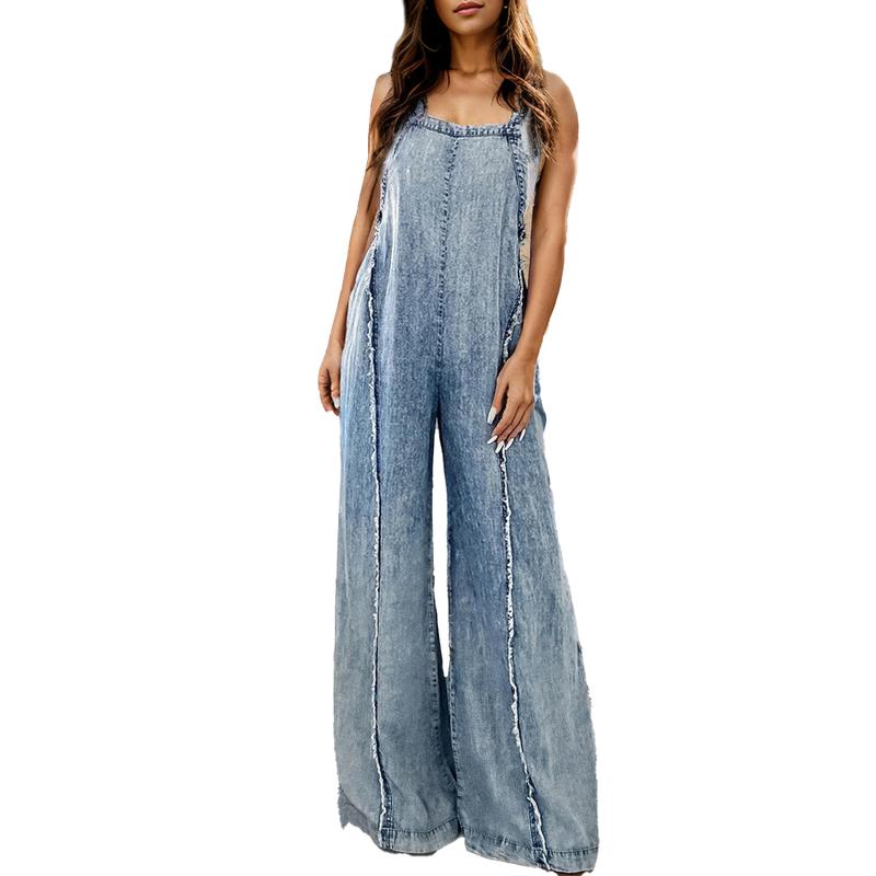 Women Denim Overalls Loose Vintage Washed Raw Trim Square Neck Open Back Sleeveless Wide Leg Jumpsuit