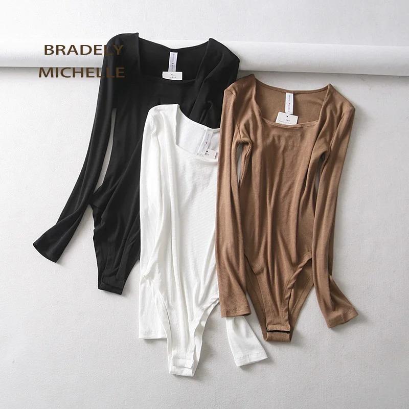 BRADELY MICHELLE Sexy Women Autumn Slim Long Sleeve Square Neck Knitted Tops Bodycon Bodysuits with Hidden Button