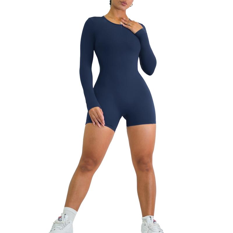 Backless Long Sleeve Short Romper (Elegant Navy)