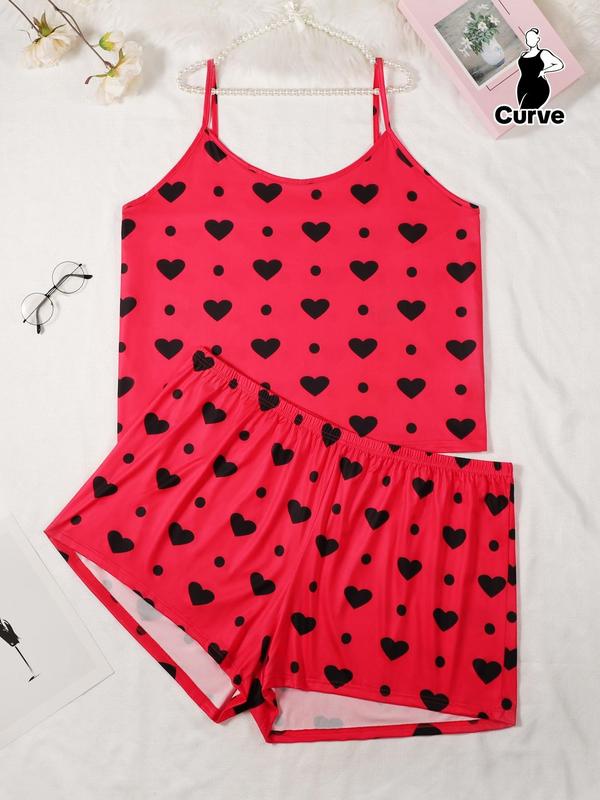  2 Counts Heart Polka Dot Print Pyjama Set, Casual Spaghetti Strap Cami Top & Elastic Waist Shorts Pj Set, Women's Sleepwear & Loungewear, Women's Clothing, Summer Wear 2024 Pj Pants