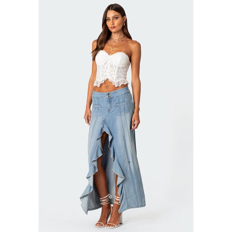 Valencia Ruffle Slitted Denim Maxi Skirt