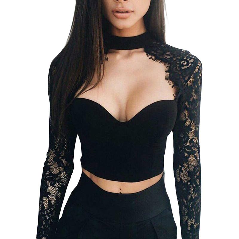 Women Sexy Lace Patchwork Tops Long Sleeve Push Up See-through Crop Tops Ladies Summer Spring Low-cut Slim Blouses