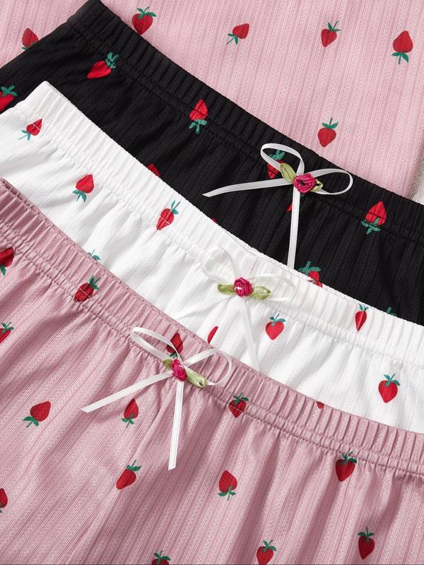 6 Piece Set Womenswear Strawberry Print Lettuce Trim Pyjama Set, Casual Comfy Contrast Lace Cami Top & Bow Decor Shorts Homewear for Women, Pajama Sets Women, Ladies Sleepwear for All Seasons Back To School