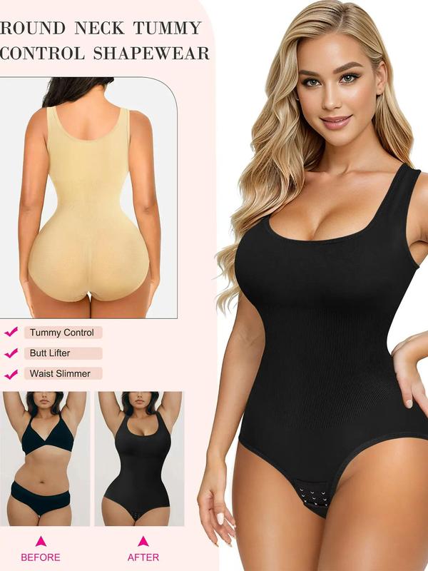 Women's Solid Scoop Neck Compression Shapewear Bodysuit, Summer Wear, Hook Eye Design High Stretch Tummy Control Bodysuit, Body Shapewear, Womenswear Underwear