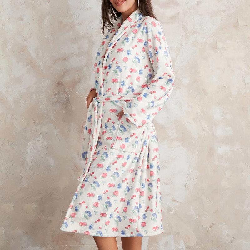 Women's Soft Summer Dressing Gown Floral Fruit Print Plush Shawl Collar Bathrobe Warm Lounge Robe with Belt Cotton Light