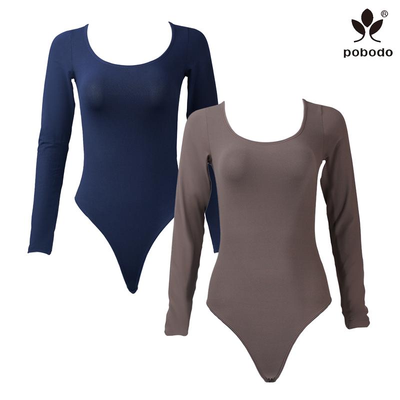 Pobodo Autumn and winter Two-piece cost-effective women's solid color square neck long sleeve shapewear bodysuit, casual and comfortable tummy control shapewear for daily wear women's shapewear