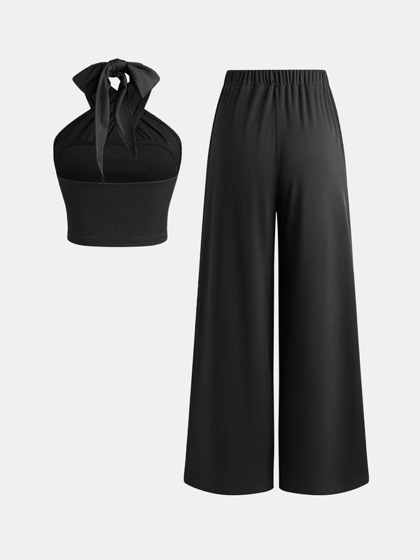 Black Friday Deals YOZY DIY Strappy Crop Top & Elastic Waist Pants Set  Elegant Solid Backless Top & Ribbed Wide Leg Pants Set, 2024 Women's Outdoor Holiday Wear for Christmas 2024 Trend,Thanksgiving Outfits,Fall Outfits,Winter Outfits