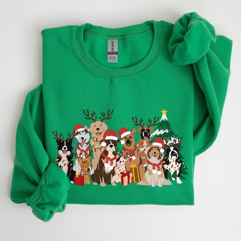 Christmas Dogs, Antlers, Reindeer, Santa, Dog Lover Sweatshirt, Crew Neck, Women's, Crewneck