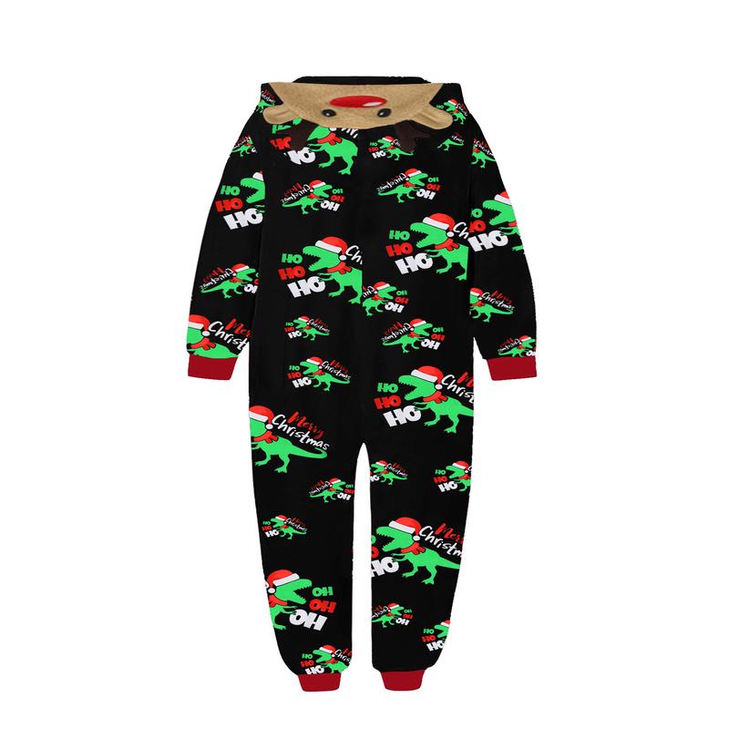 Christmas Family Matching Jumpsuit, Long Sleeve Hooded Dinosaur Print Zipper Closure Loungewear