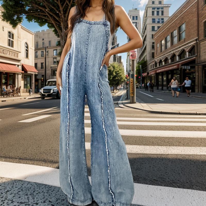 Women Denim Overalls Loose Vintage Washed Raw Trim Square Neck Open Back Sleeveless Wide Leg Jumpsuit